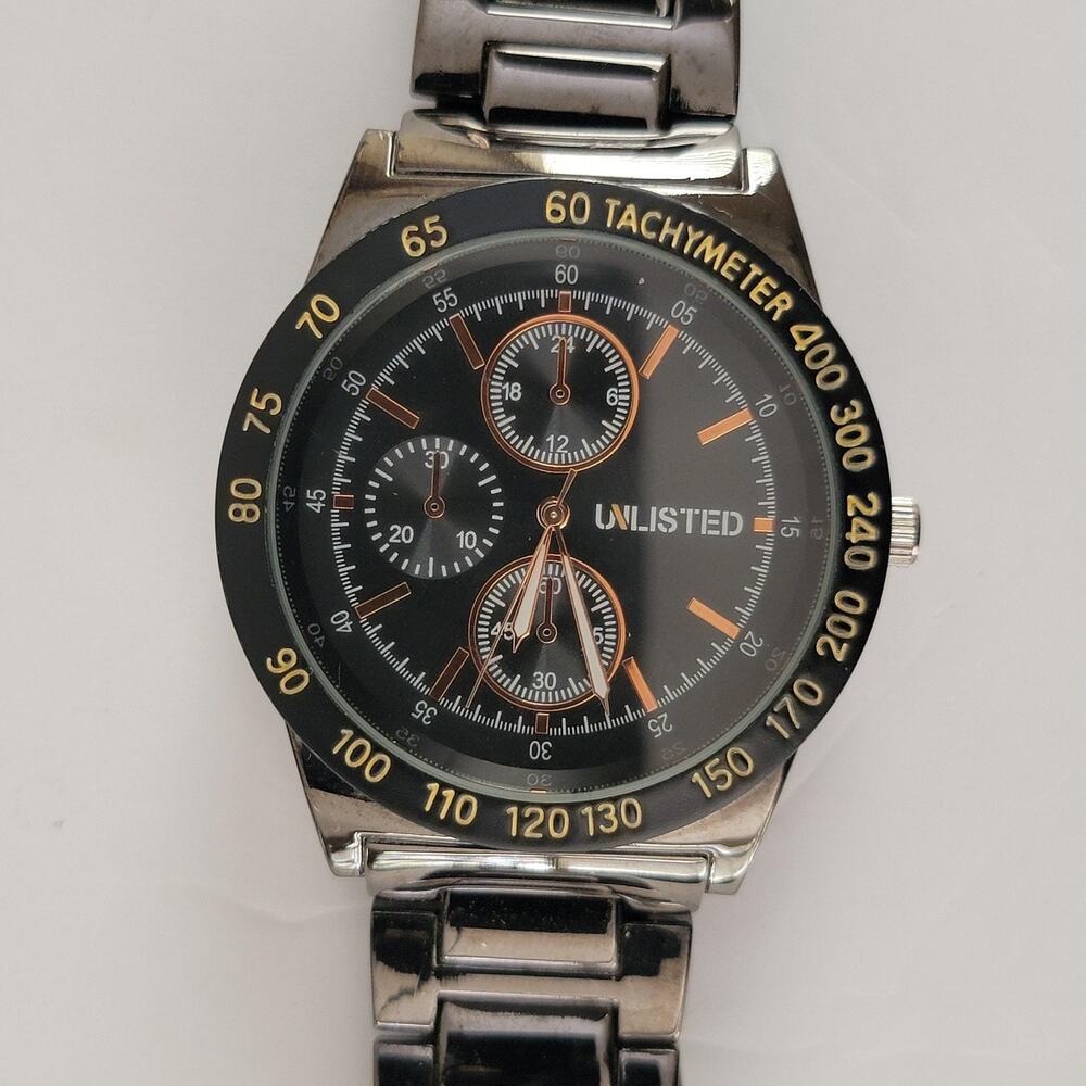 Unlisted Mens Watch Black Dial Silver Case Stainless Steel Bracelet Chronograph